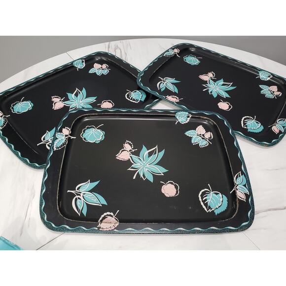 Vintage 3 Mid Century CAL DAK Black Turquoise Pink Leaves Metal TV Tray MCM